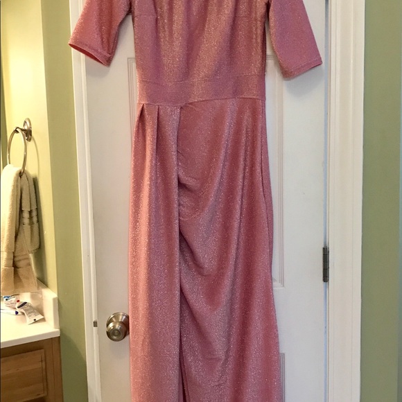 Off Shoulder Metallic Knit High Slit Evening Dress - Picture 8 of 8